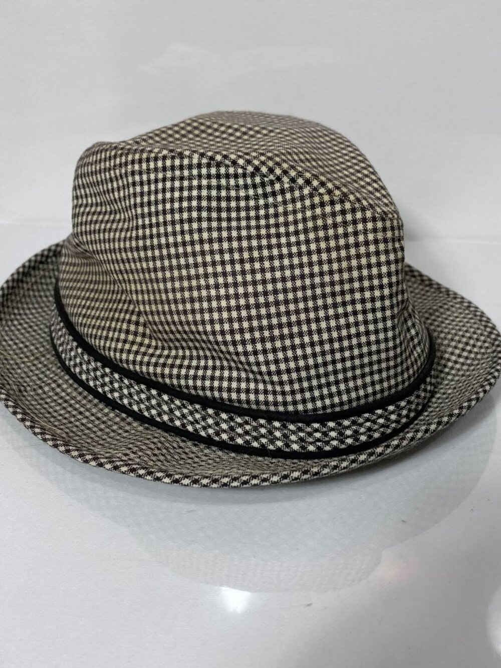 Vintage Black White Houndstooth Fedora Trilby Hat Men's Classic Plaid, Size 7 M